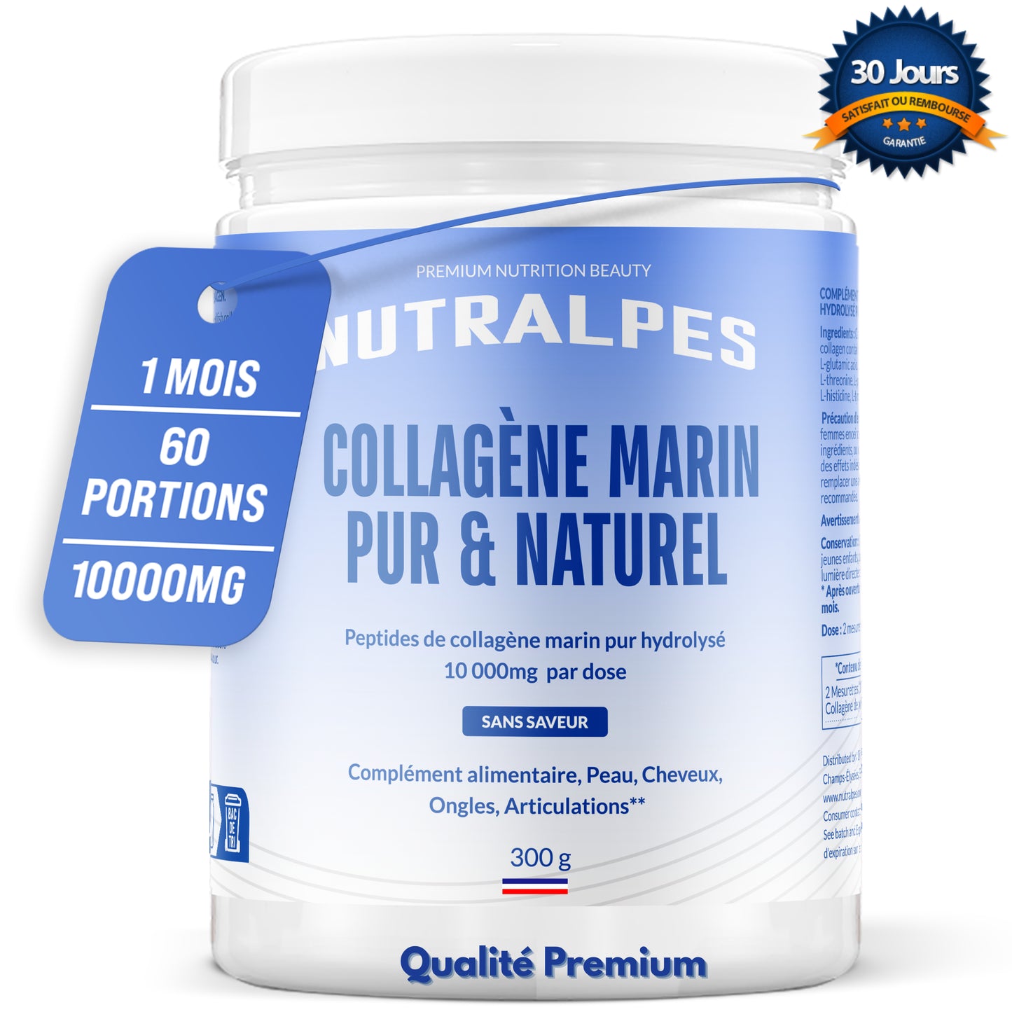 Nutralpes® Collagène Marin Pur & Naturel 10 000 mg – Peau, Cheveux, Ongles, Articulations – Sans Saveur – 300 g (1 Mois / 60 Portions)