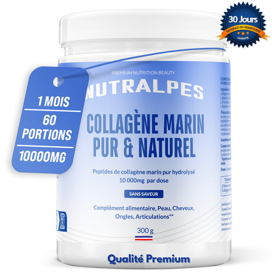 Nutralpes® Collagène Marin Pur & Naturel 10 000 mg – Peau, Cheveux, Ongles, Articulations – Sans Saveur – 300 g (1 Mois / 60 Portions)