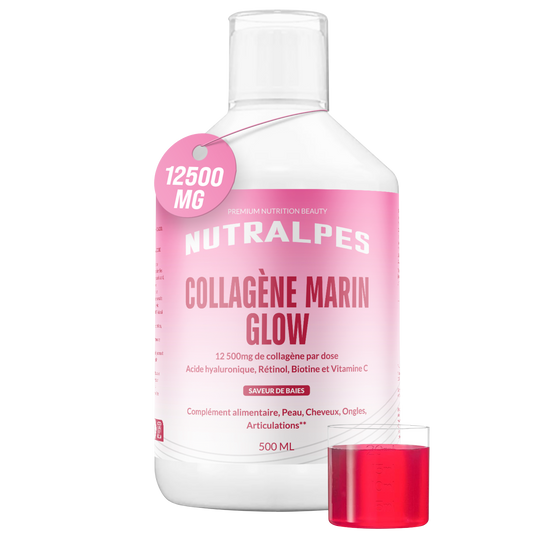 Collagène Marin Glow 12 500 mg – Anti-Âge & Peau Éclatante | Acide Hyaluronique, Vitamine C & Rétinol | Nutralpes – Corail